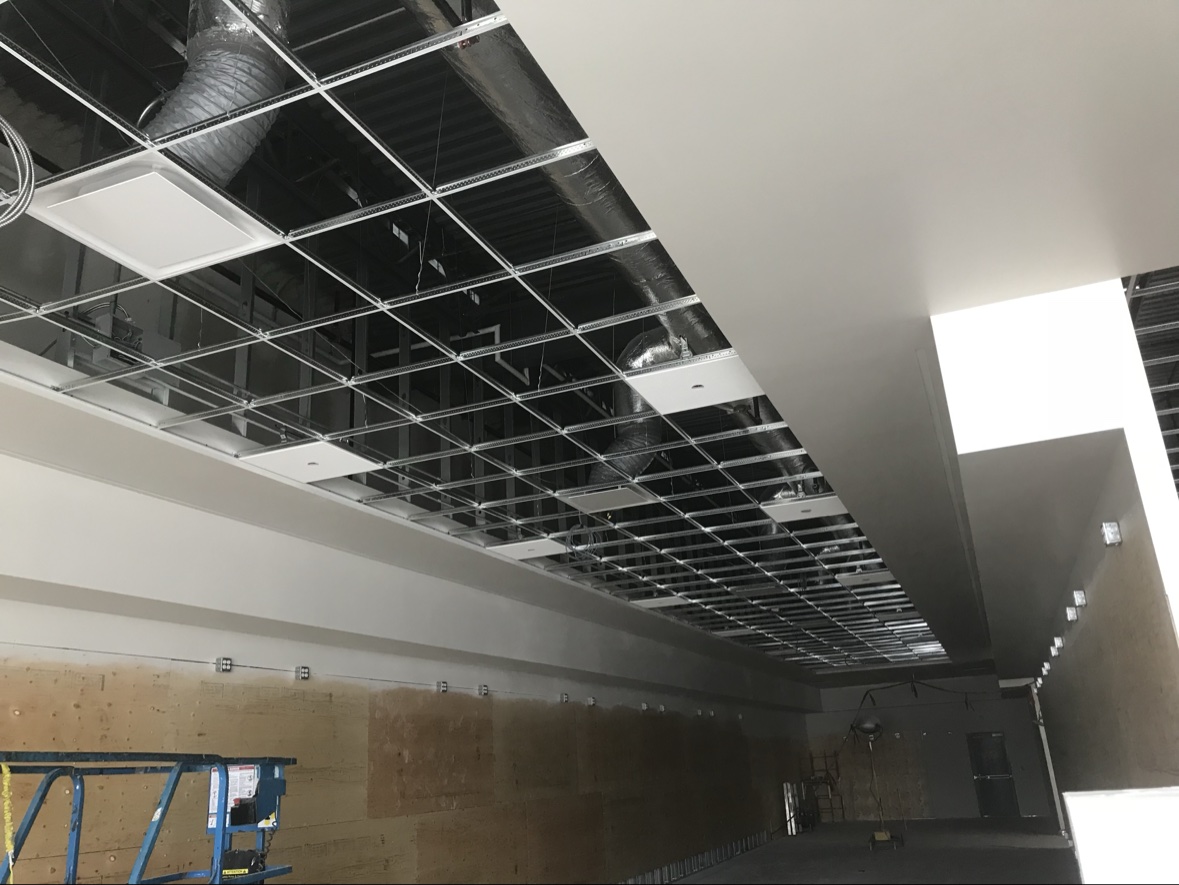 Suspended ceiling grid installation in progress