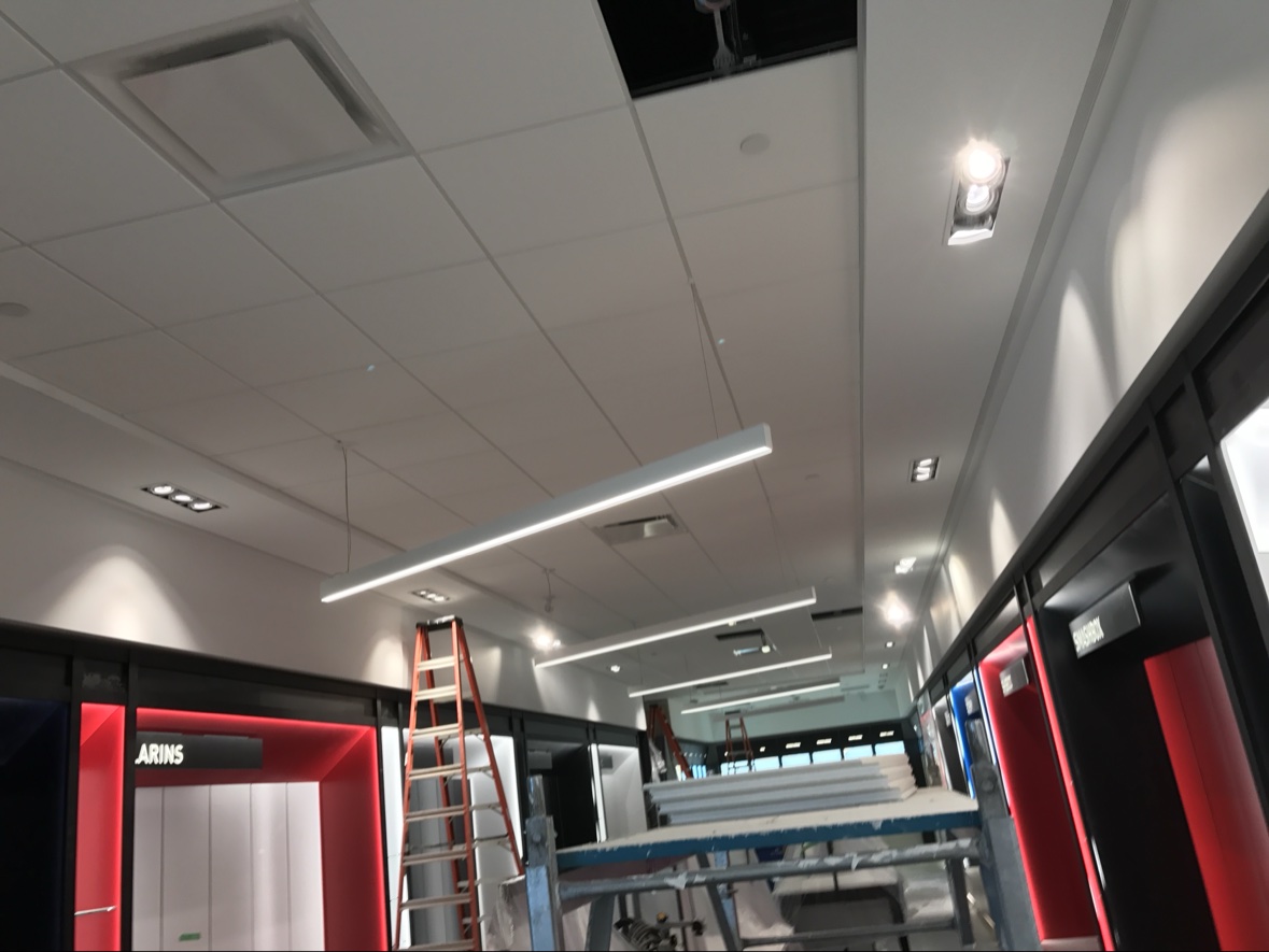 Finished acoustic tile ceiling with linear pendants