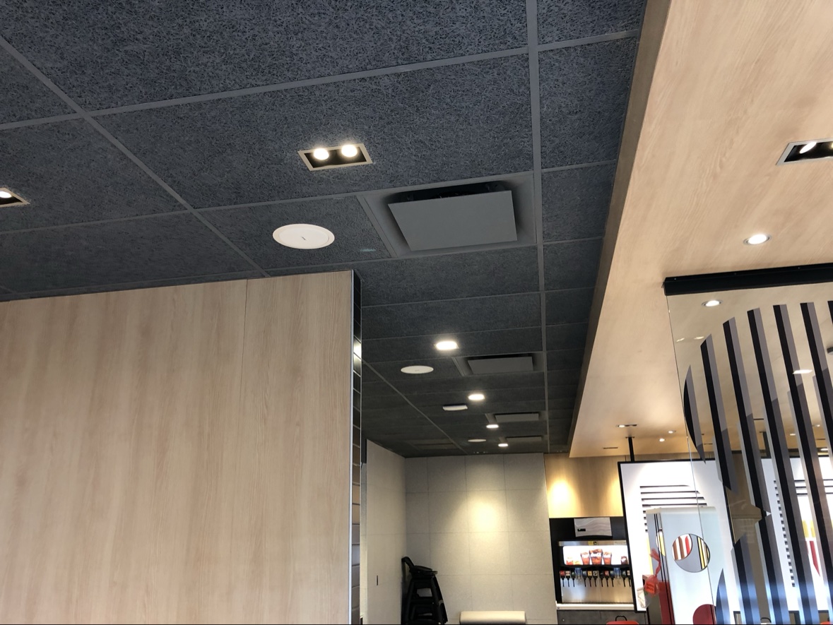 Dark acoustic tile ceiling with downlights
