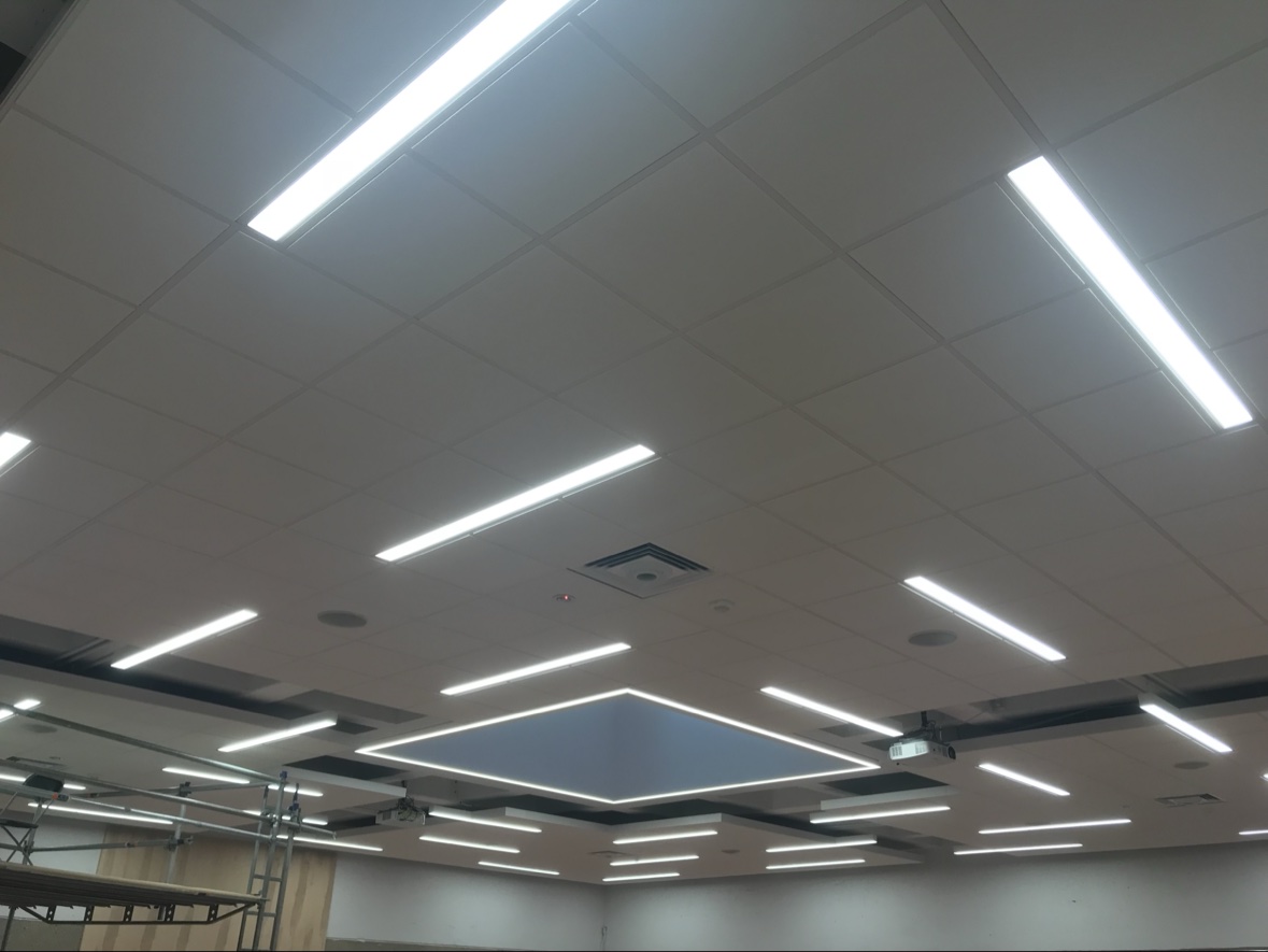 Large hall with acoustic tile ceiling