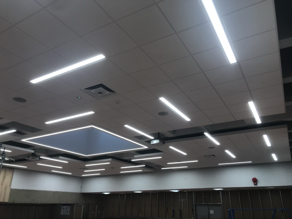 Finished acoustic tile ceiling with linear lighting