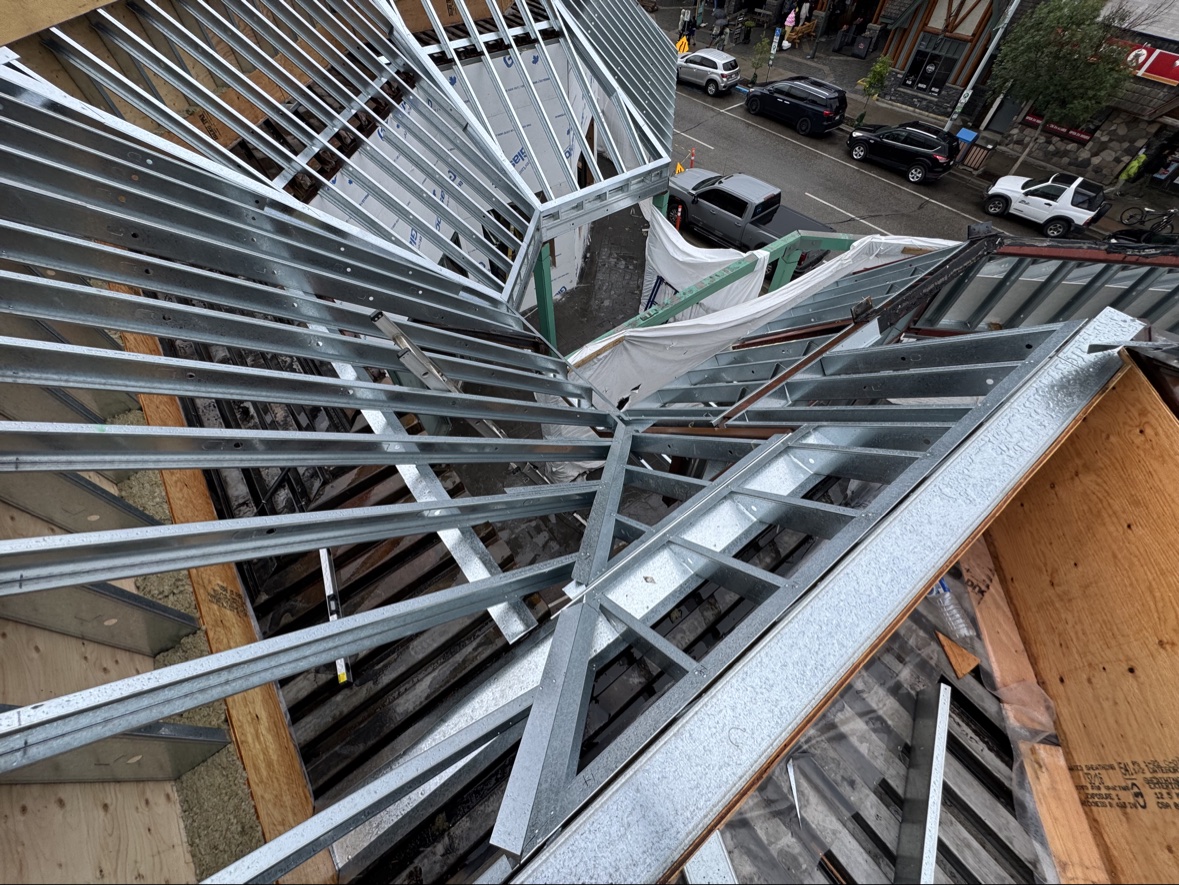 Steel roof framing in progress