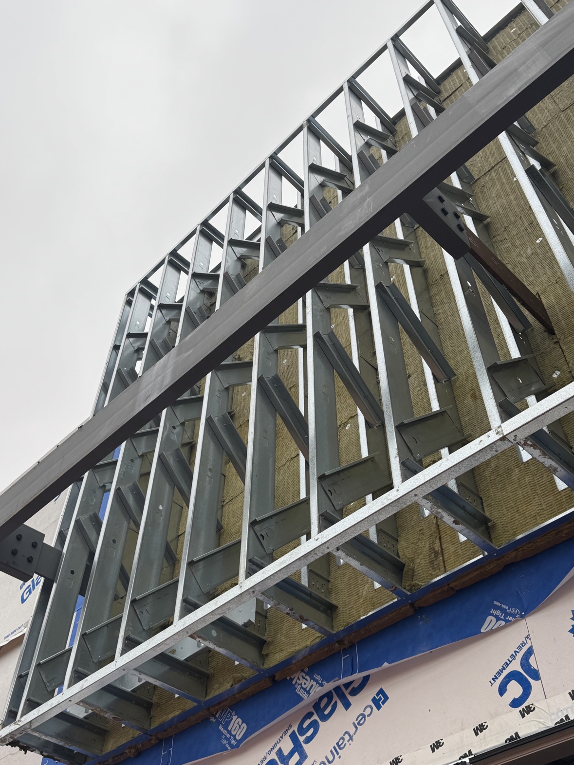 Exterior steel stud framing with insulation