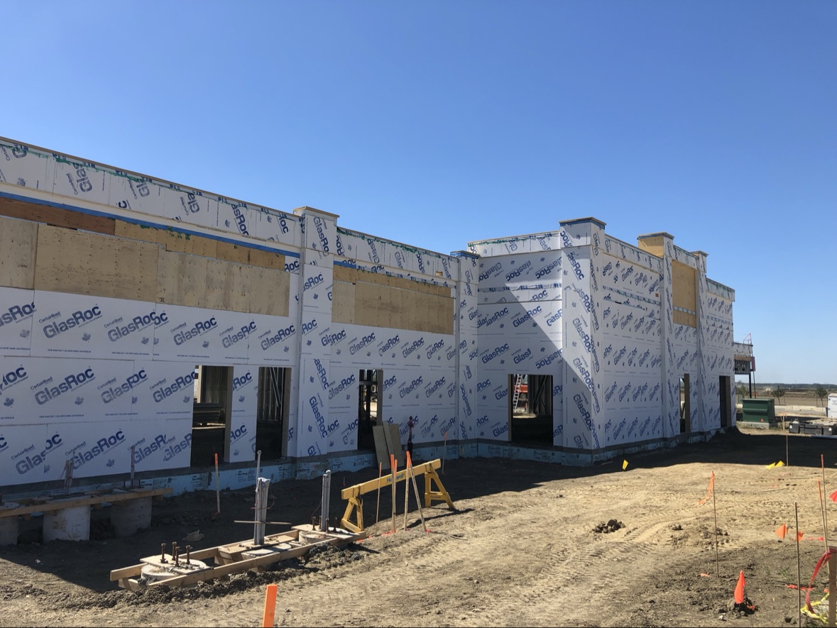Commercial building facade under construction
